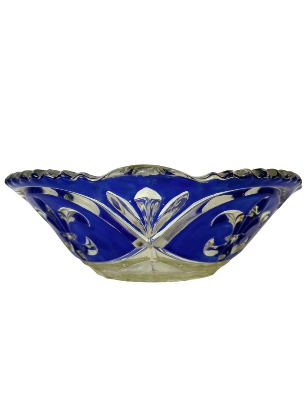 Vintage Cobalt Blue Cut To Clear Crystal Bowl Fleur De Lis Luxury Scalloped Edge